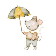 Adorable and cute mouse carrying an umbrella, watercolor illustration. Mouse in clothes, funny rodent character. Great for greeting cards, posters, postcards, scrapbooking.
