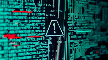 Warning Sign in Digital World: A digital display of complex code, dominated by shades of teal, is disrupted by an emphatic warning symbol