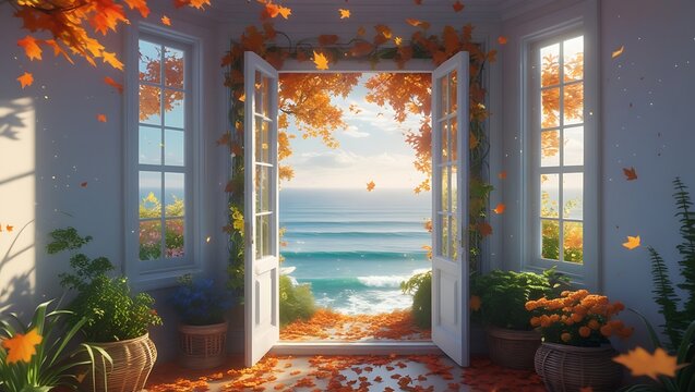 Surreal interior, open doorway to ocean, autumn leaves falling, sunlight streaming through windows, white walls, potted plants, wicker baskets, flowering vines, magical atmosphere, ethereal glow, fant
