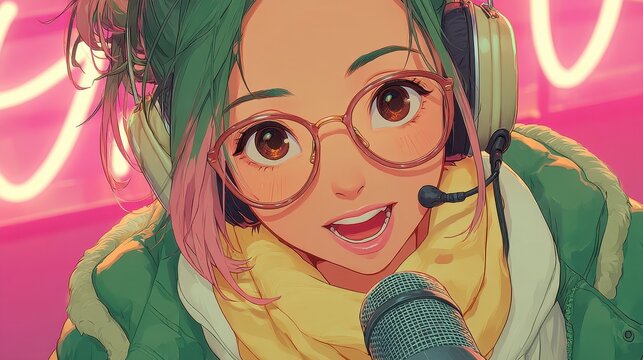 Cute VTuber girl with pastel colored hair and glasses, wearing a headset mic, smiling brightly as she engages with her fans on a live stream, set against a vibrant neon background