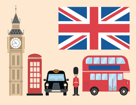 Fototapeta Set of British Elements in Flat Style. Hand Drawn Vector Art.