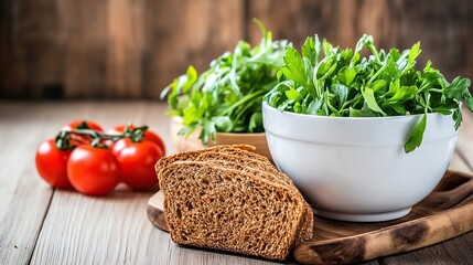 Rustic kitchen parsley, bread, tomatoes