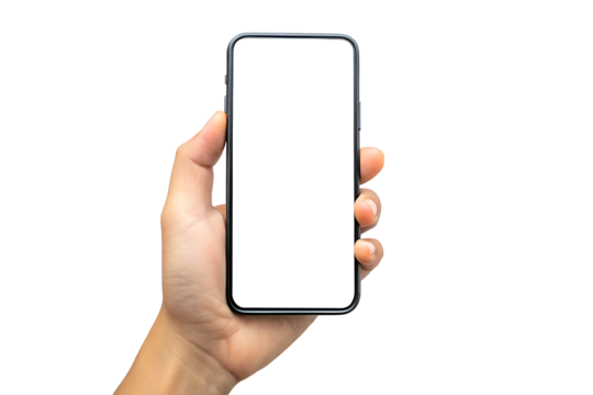 Mobile phone screen mockup in case. Hand holding smartphone display mock up isolated on white background PNG. GENERATIVE AI