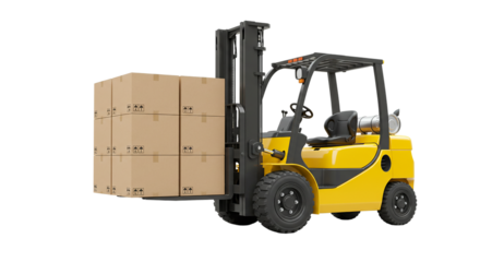 A yellow forklift carrying a stack of cardboard boxes against a black background in a studio shot