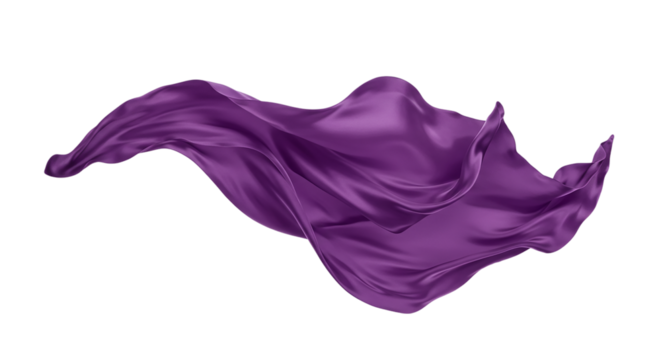 A flowing purple silk fabric isolated against a black background with dynamic folds and smooth textures
