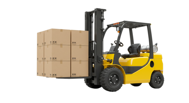 A yellow forklift carrying a stack of cardboard boxes against a black background in a studio shot