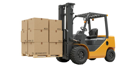 A yellow forklift carrying a wooden pallet stacked with cardboard boxes against a black background view