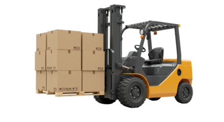 A yellow forklift carrying a wooden pallet stacked with cardboard boxes against a black background view
