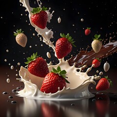 Fresh strawberries captured mid-splash in vibrant detail and motion