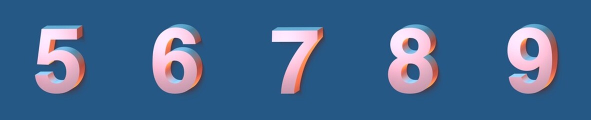 set of 3d pink numbers on blue background, 3d illustration, bold font, five six, seven, eight, nine