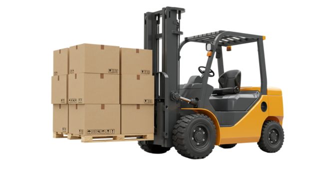 A yellow forklift carrying a wooden pallet stacked with cardboard boxes against a black background view