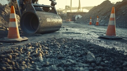 Drum roller preparing surface for pavement with loose gravel and cones around