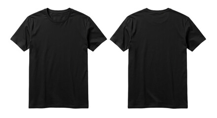 Two black t shirts are displayed against a black background showing front and back views of the shirts