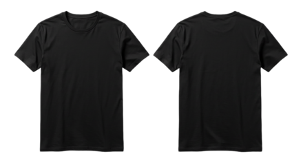 Two black t shirts are displayed against a black background showing front and back views of the shirts