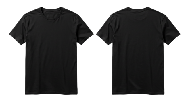Two black t shirts are displayed against a black background showing front and back views of the shirts