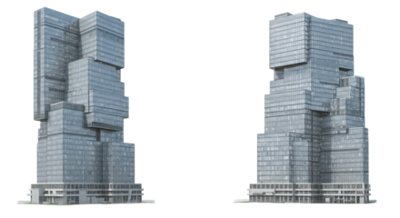 Two modern architectural buildings with a stacked design against a black background in a studio shot
