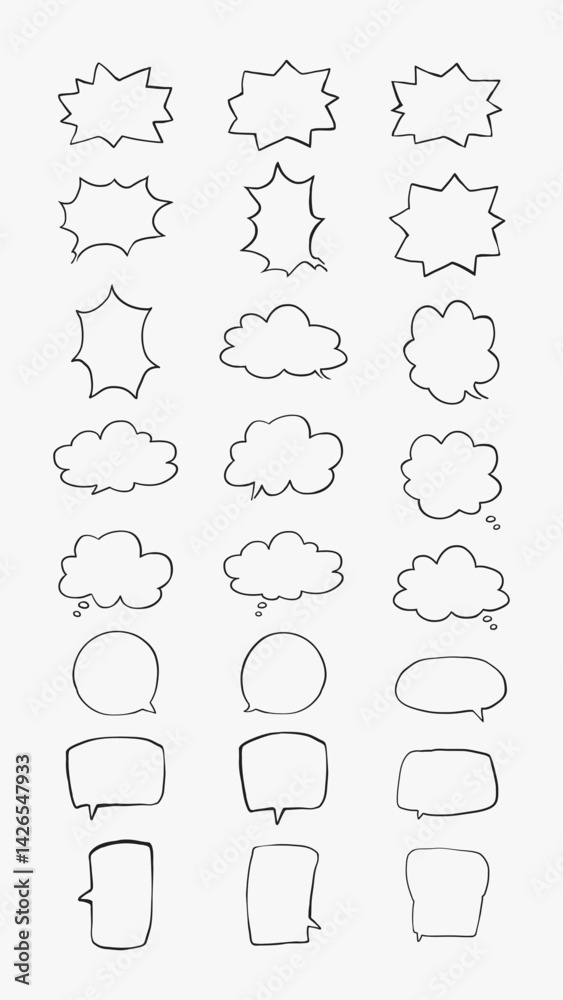 Poster a collection of simple lines hand drawn speech bubbles in various shapes. set of simple of hand draw