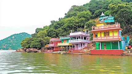 Colorful hillside houses, lake, India, tranquil scene, tourism
