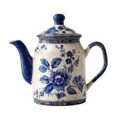 Fototapeta premium Watercolor style enamel teapot vintage blue floral pattern isolated on white background sharp studio lighting ideal for product mockup cutout