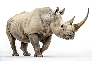 Fototapeta premium A large, horned white rhinoceros, a wild mammal also known as Ceratotherium simum, stands isolated against a white background