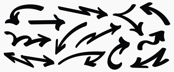 Set of simple bold lines hand drawn black arrows in various style. Set of simple of hand drawn black arrows. Set of simple bold lines hand drawn black arrows. Various of simple lines arrows collection