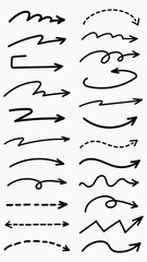 Set of simple lines hand drawn black arrows in various style. Set of simple of hand drawn black arrows. Set of simple lines hand drawn black arrows. Various of simple lines arrows collection