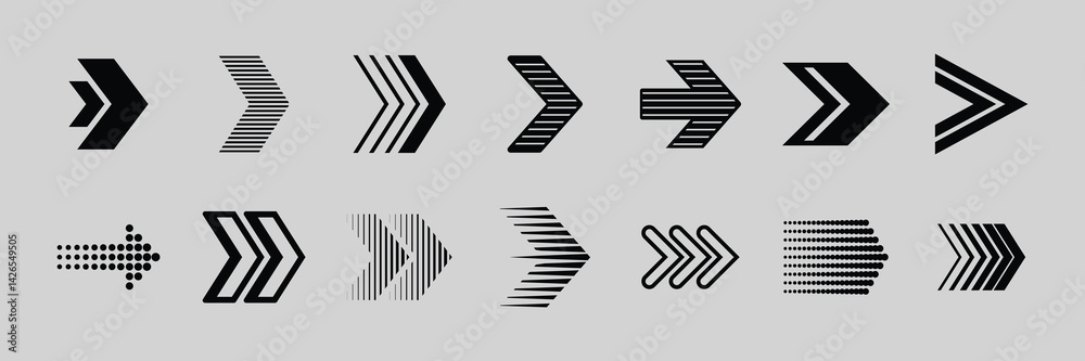 Wall mural collection of black arrow icons in various styles and directions for design projects needing directi