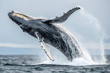Fototapeta premium A big humpback whale, a marine mammal, splashes its tail in the blue ocean waves