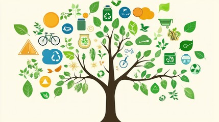 A digital concept of sustainability, with icons representing eco-friendly practices like recycling, energy efficiency, and clean water