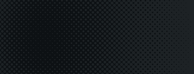 Dark black background with halftone dotted texture. Black background, halftone gradient effect with varying dot sizes. Minimal halftone black abstract vector background wallpaper
