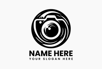 Bold black camera logo vector design, creative photography symbol with strong graphic style for media identity