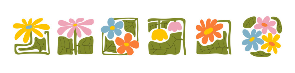 Set of groovy floral botanical background in trendy naive retro hippie 60s 70s style. Vertical poster with abstract wavy flower