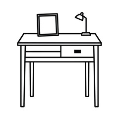 Minimalist desk illustration with lamp and picture frame black and white outline