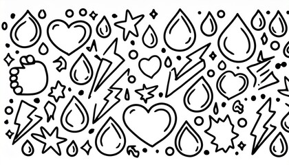Hand-drawn doodles of hearts, stars, lightning, water drops, etc.