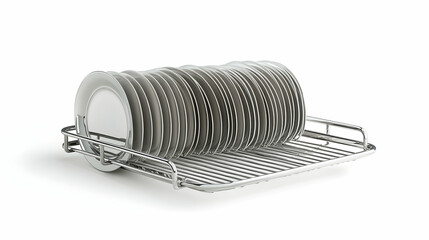 Dish Rack with Plates Chrome Metal Drying Rack Clean Plates Kitchen Utensil Appliance Still Life Isolated on White