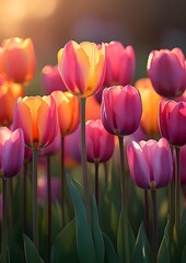 colorful tulips in a field, with soft sunlight casting long shadows and creating a vibrant scene