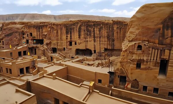 Aerial View of Hegra Ancient City Nabataean Rock Cut Tombs and Buildings