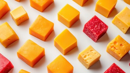 Assorted cheese and pepperoni cubes arranged neatly on a plain white background. Use this for snack boards, recipes, or product showcase of dairy products.