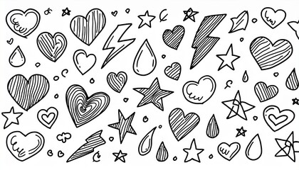 Hand-drawn doodles of hearts, stars, lightning, water drops, etc.