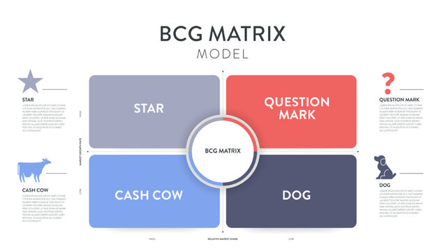 BCG Matrix strategic tool diagram chart infographic template banner vector for business presentation has star icon, question mark, dog, cash cow. Market growth rate and relative market share concepts.