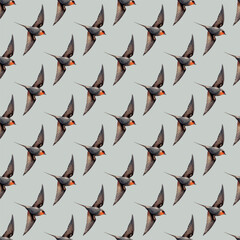 Watercolor birds flying swallows seamless pattern vector illustration