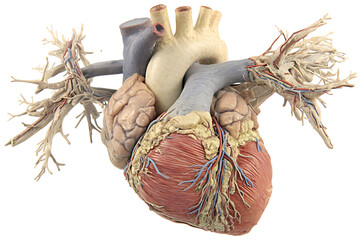 Human heart anatomy. Veins, arteries, and cardiac structure with detailed textures and colors, isolated on a transparent background
