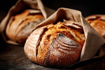 Three artisan loaves of bread nestled in brown paper.
