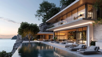 Obraz premium 4h Mansarde ultra-moderne au bord de l'eau dotÃ©e d'une piscine Ã&nbsp; dÃ©bordement, de murs en verre et d'une architecture luxueuse haut de gamme, 8K photorÃ©aliste. 