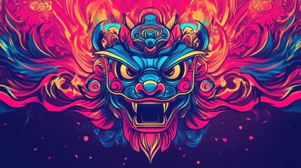 Vibrant backdrop featuring swirling lines and lion dance head icon in center