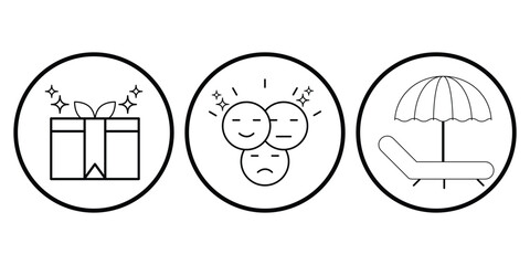 Benefit features icon set vector illustration of gift reward emotional satisfaction and vacation time off in minimal outline style for employee perks.