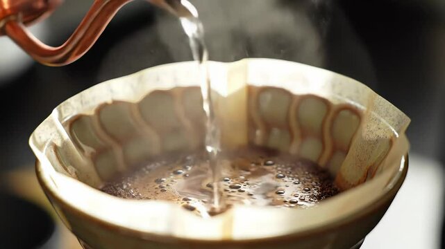 Pour Over Coffee Brewing Closeup Hot Water Pouring from Copper Kettle
