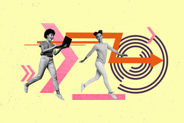 Template image collage of people run use gadget follow arrows button lines on green color background