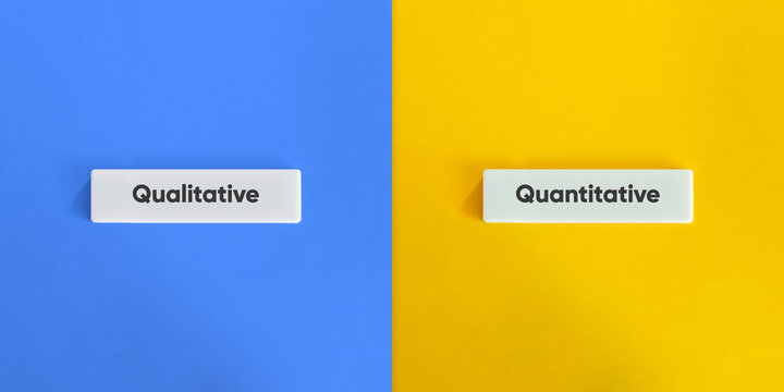 Qualitative versus Quantitative Banner. Text on Block Letter Tiles on Yellow and Blue Background. Minimal Aesthetic.