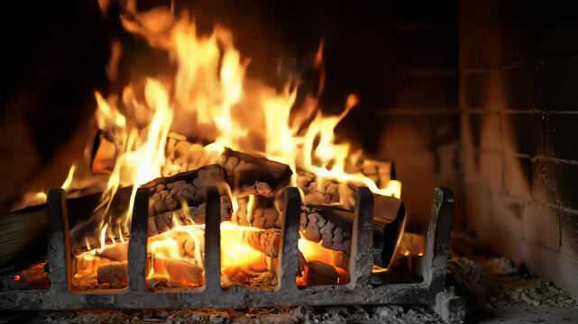 Warm Cozy Fire Burning in Fireplace with Glowing Embers Loop